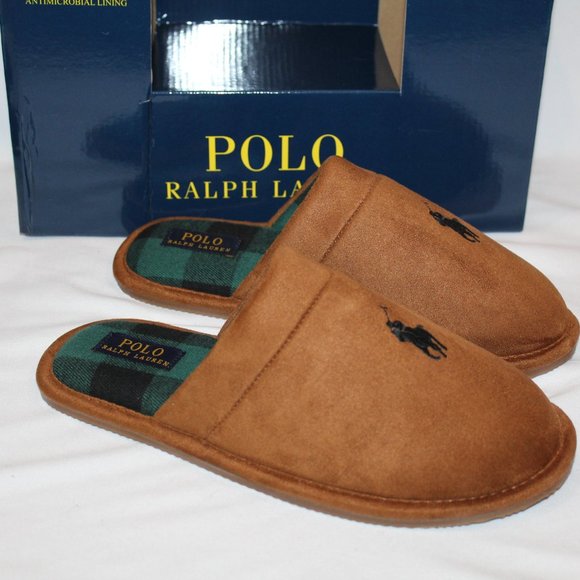NIB POLO RALPH LAUREN MEN'S SUEDE LINED COMFORT SLIPPERS CHESTNUT PLAID - Picture 2 of 6